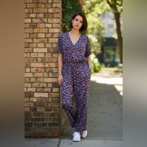 Pact Blue and Pink Leopard Print Jumpsuit Size Medium